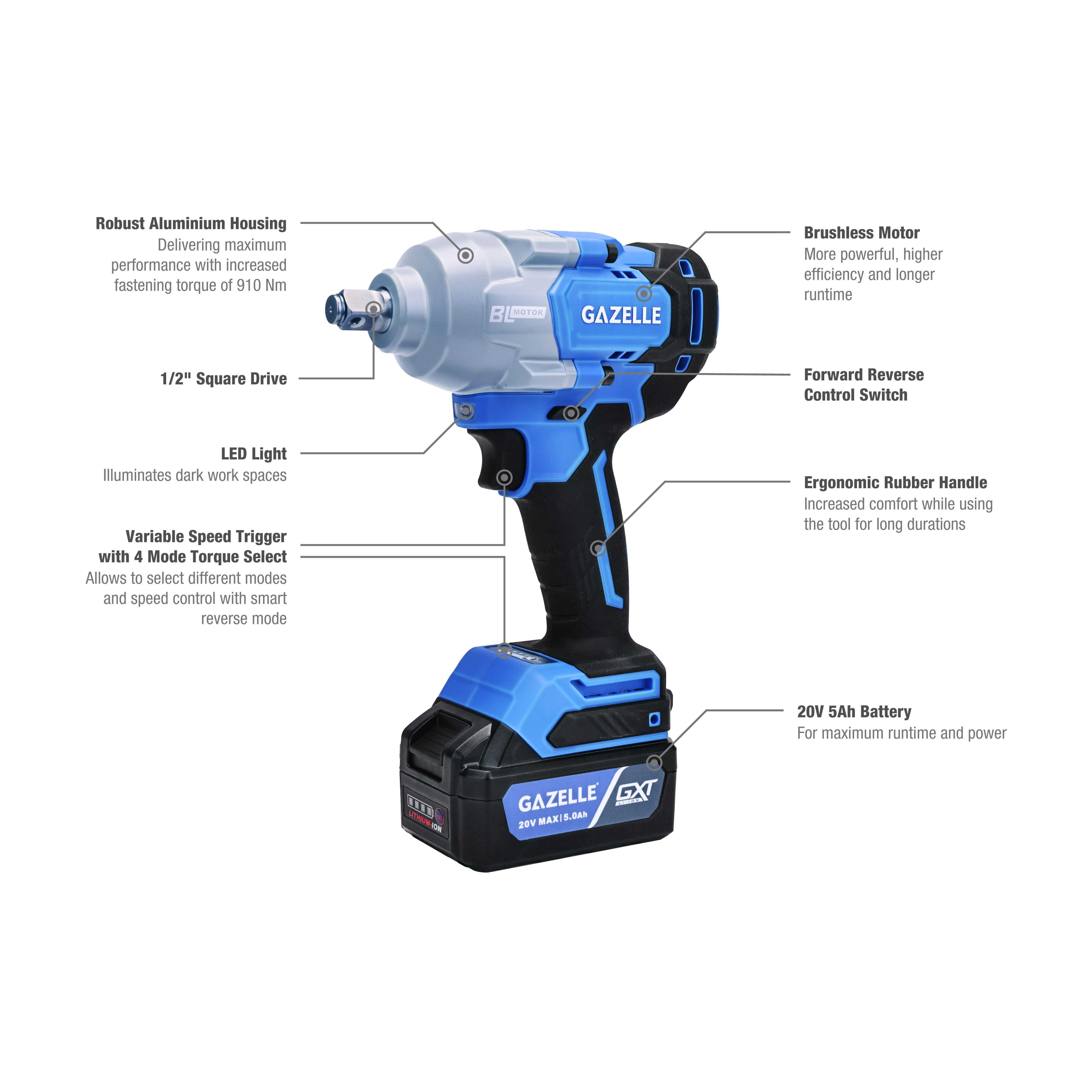 20V 1/2" Impact Wrench 698Nm