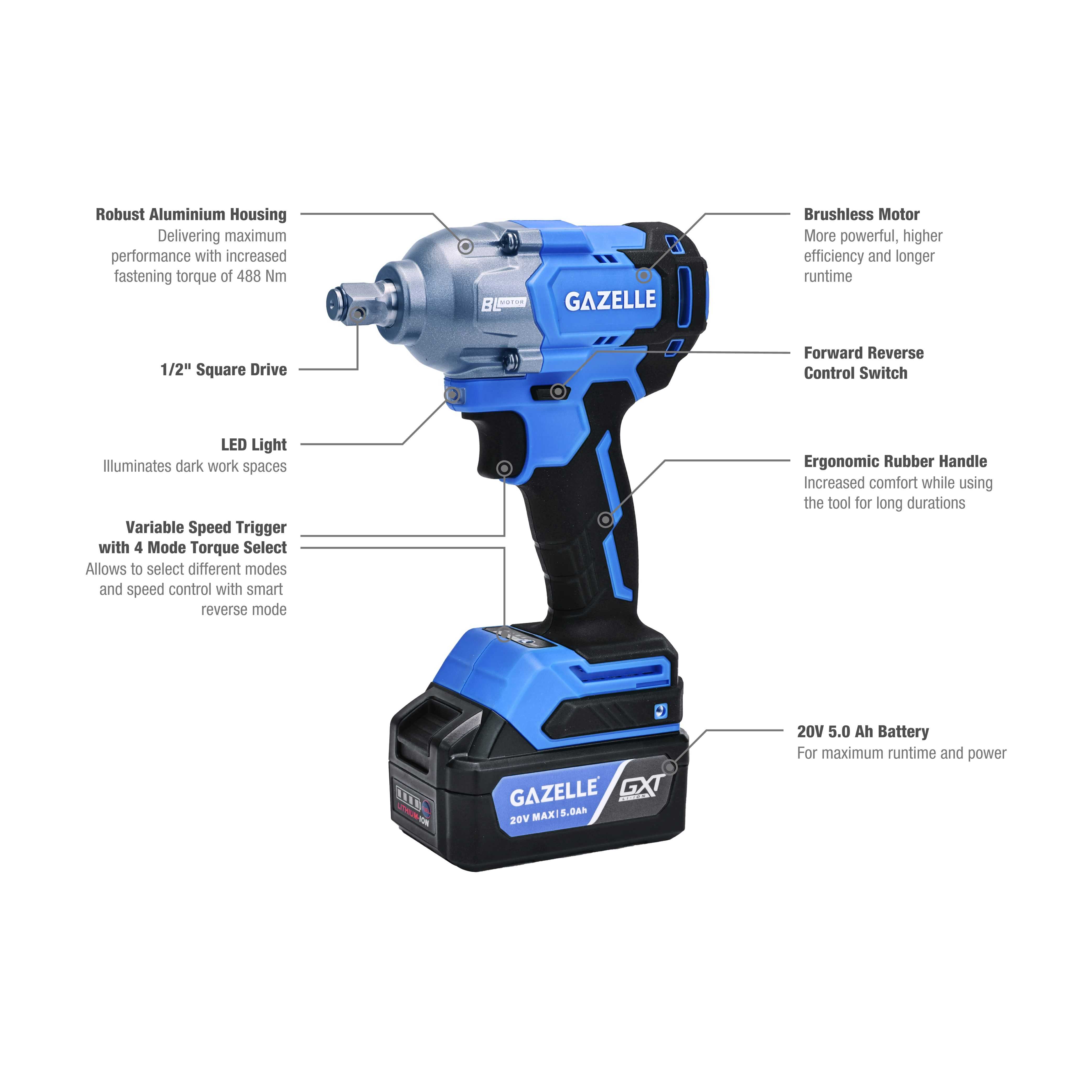 20V 1/2" Impact Wrench 488 Nm